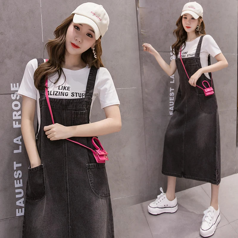 S-5XL Spring Summer Jean Dress Women Suspenders Denim Dresses Female Loose Overalls Korean Casual Long Sundress Robe Femme