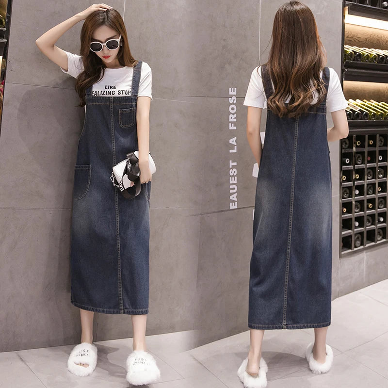 S-5XL Spring Summer Jean Dress Women Suspenders Denim Dresses Female Loose Overalls Korean Casual Long Sundress Robe Femme