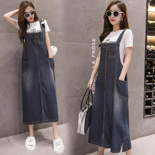 S-5XL Spring Summer Jean Dress Women Suspenders Denim Dresses Female Loose Overalls Korean Casual Long Sundress Robe Femme