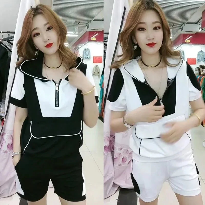 Sweat Suits Women 2024 Summer New Korean Loose Casual Fashion Hooded T-shirt ShortsStudent Running Sports 2 Two Piece Set Female