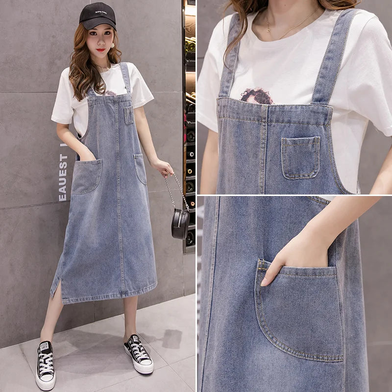 S-5XL Spring Summer Jean Dress Women Suspenders Denim Dresses Female Loose Overalls Korean Casual Long Sundress Robe Femme