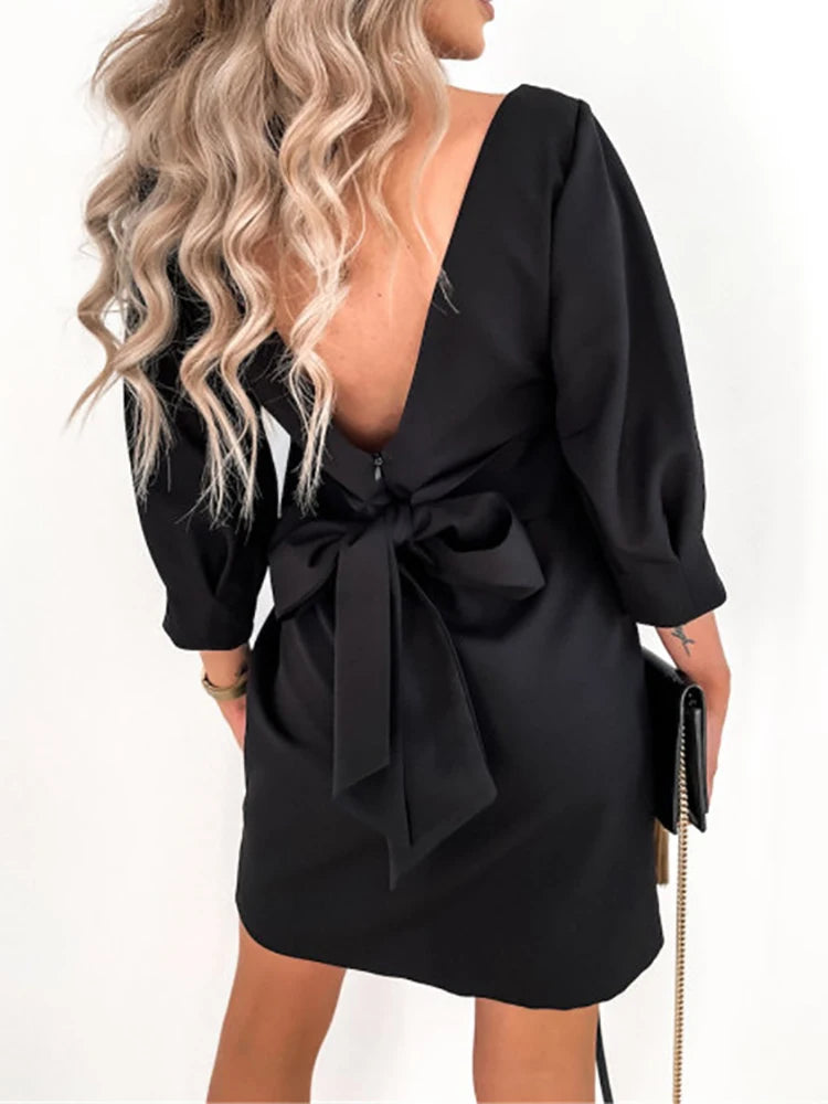 2025 Women Solid O-Neck Princess Party Dress Spring Autumn Sexy Three Quarter Sleeve Ladies Bow Backless Streetwear Dropshipping