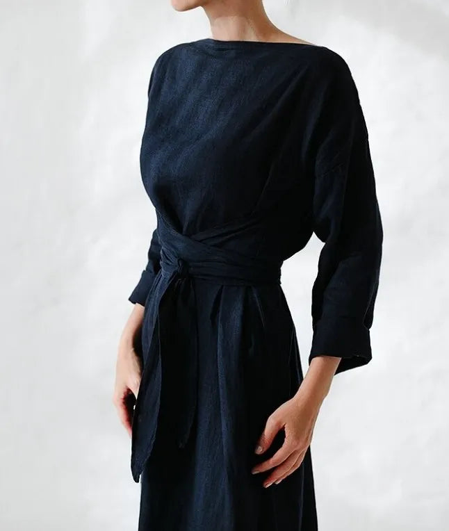 Women Elegance Audrey Hepburn Style Round Neck 3/4 Puff Sleeve Swing Maxi Dress Long Belt Dresses with Pockets