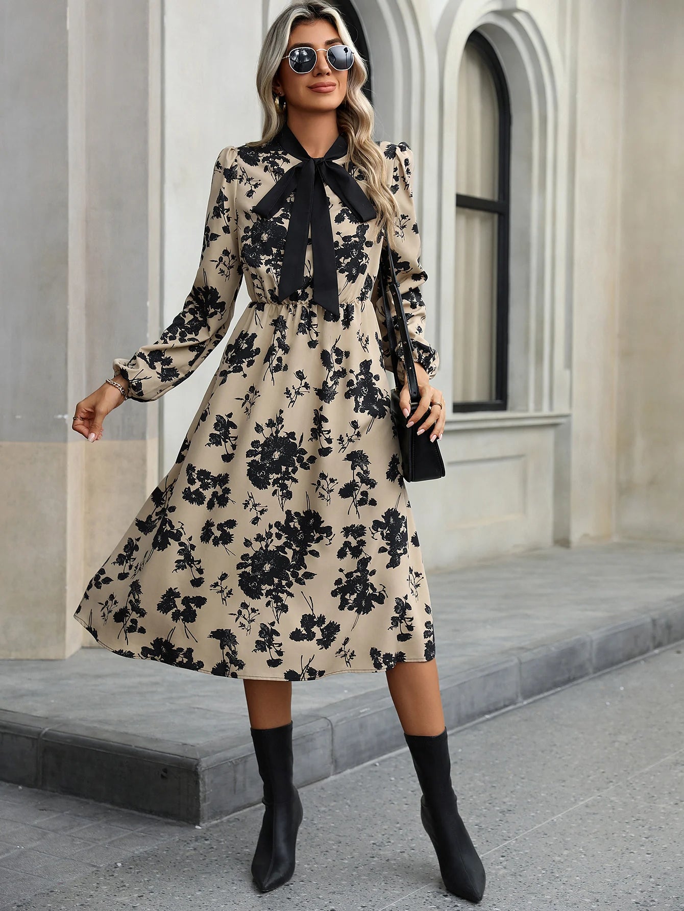 European and American women's fashionable and elegant floating collar printed waist cinched A-line long sleeved dress