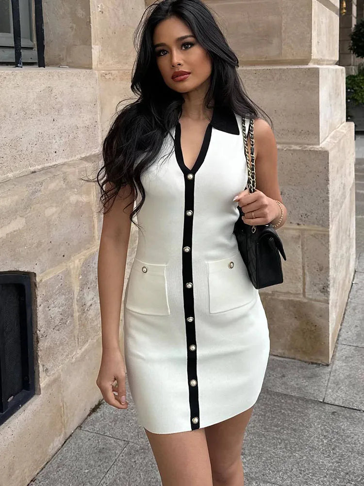 Tossy White Knitted Elegant Mini Dress Women's Casual Lapel Contrast Color Hip Cover Sexy Slim Waist Evening Female Mini Dress