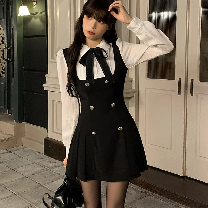 Chic Long Sleeve Bow Casual Y2K Mini Dress Women Korean Slim Fashion Elegant A Line Vestidos Female Patchwork Short Party Dress