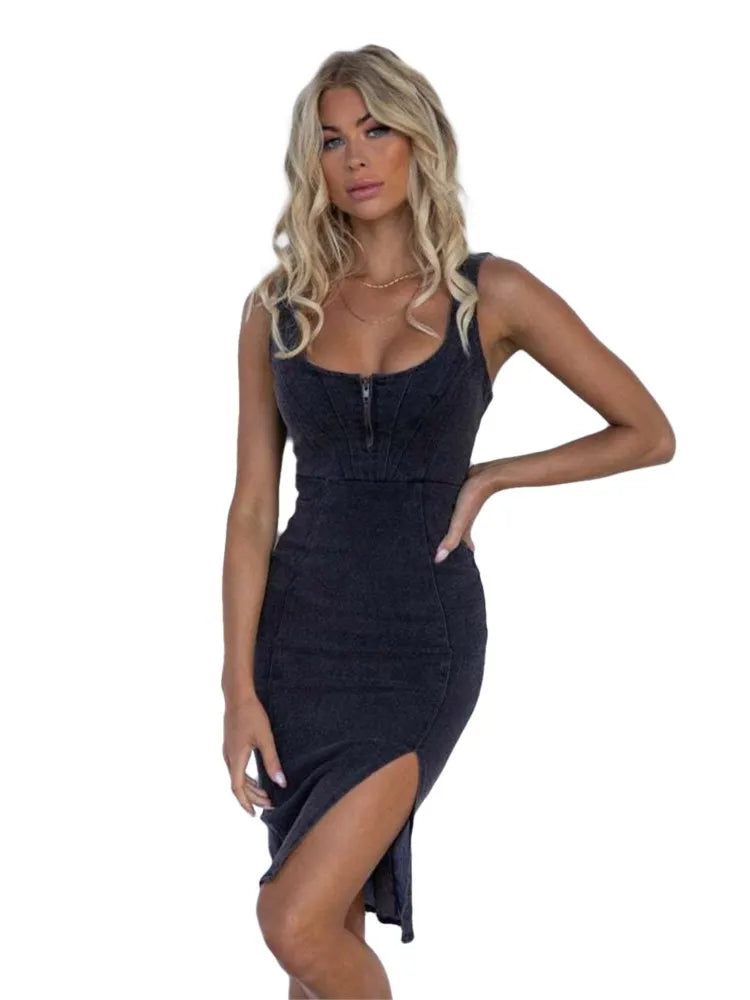 2024 Summer New Slim Denim Dresses Women Sexy U-neck Low Cut Package Hip Bodycon Midi Slit Dress Fashion Streetwear Lady Vestido