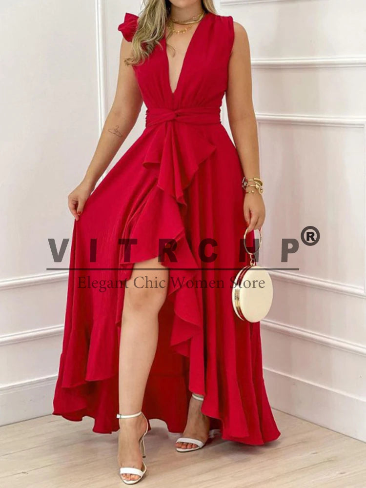 Elegant Sleeveless Pleated Dress 2025 Summer Casual New Fashion Evening Party Sexy V-neck Long Women's Prom Dresses