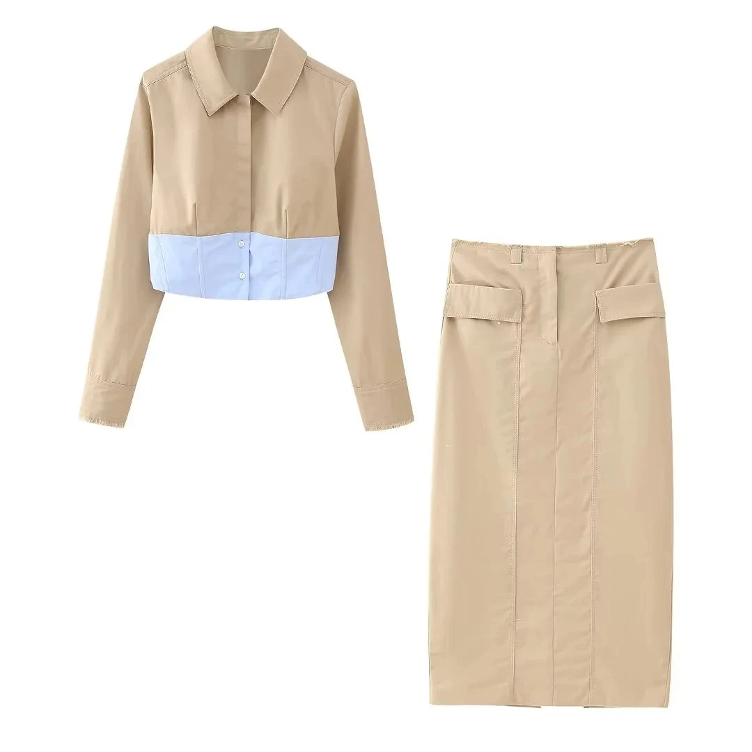 TRAFZA Women Fashion Khaki Skirt Sets Patchwork Blouse Long Sleeve Button Cropped Shirt + Slim Midi Skirts With Front Pocket