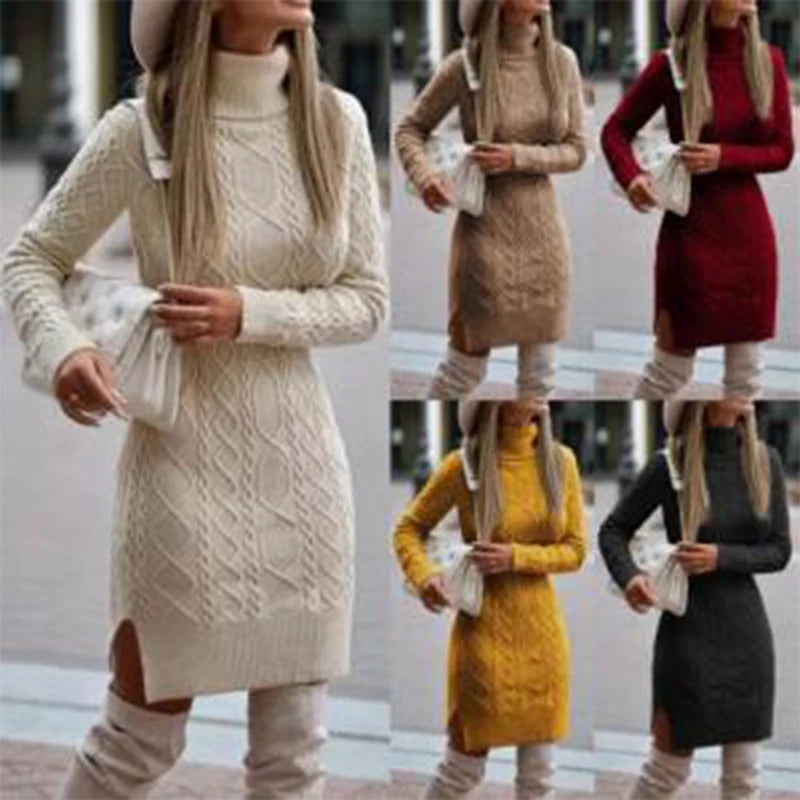 Warm Knitted Dresses Women High Neck Slim Solid Wool Mini Dresses Fashion Ladies Basic Long Sleeve Winter Autumn Warm Dresses