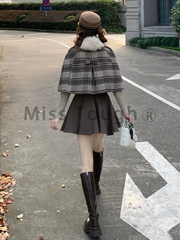 Preppy Style Kawaii 3 Piece Set Women Patchwork Sweet Korean Elegant Suit Knit Tops + Suspender Dress + Plaid Coat 2024 Winter