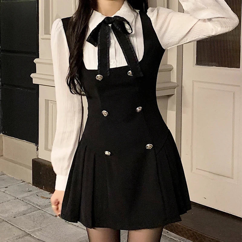 Chic Long Sleeve Bow Casual Y2K Mini Dress Women Korean Slim Fashion Elegant A Line Vestidos Female Patchwork Short Party Dress