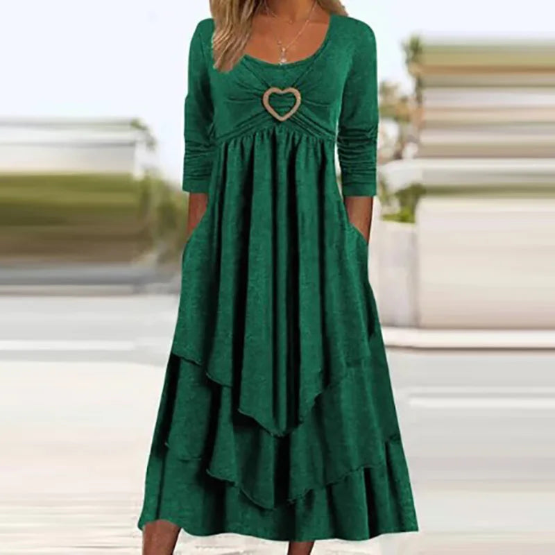 Elegant Office Women Patchwork Pockets Midi Dress Round Neck Basic Solid Long Sleeve Dress Lady Casual Summer Ruffles Club Dress