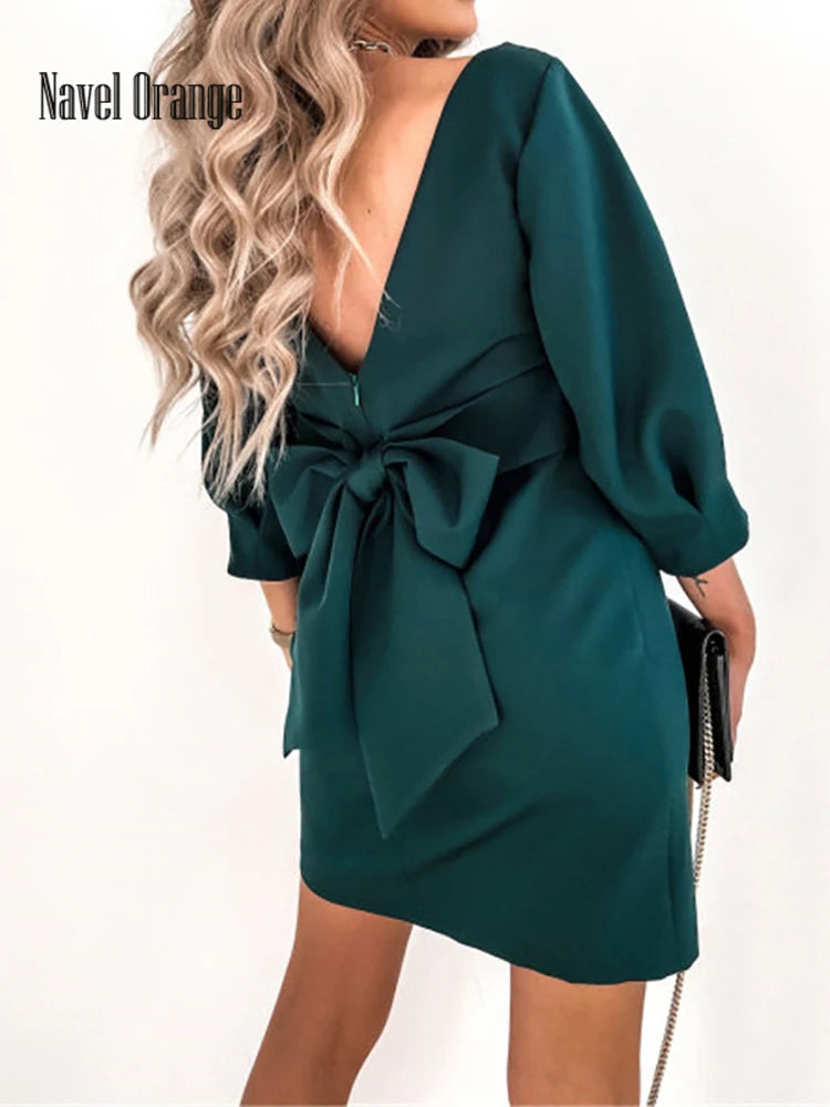 2025 Women Solid O-Neck Princess Party Dress Spring Autumn Sexy Three Quarter Sleeve Ladies Bow Backless Streetwear Dropshipping