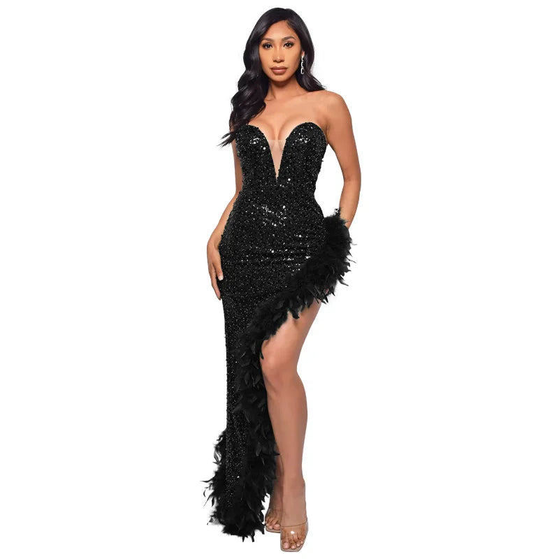 Women Evening Dresses Asymmetrical Shiny Sequins Feather Cocktail Party Dress Sexy Strapless Long Formal Prom Dresses Xiny189