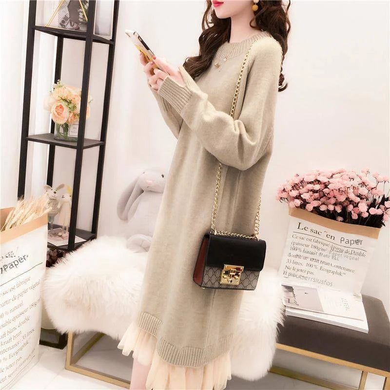 Women's Clothing Medium-length Sweater Dress Loose-fit Autumn/winter Knit Dress For Plus-size Women