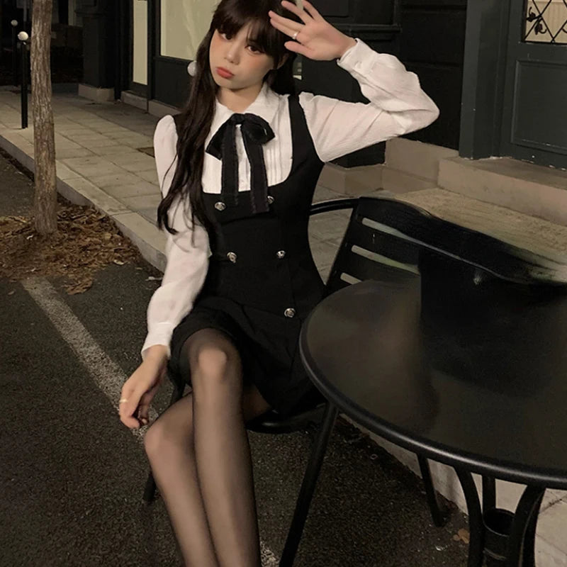 Chic Long Sleeve Bow Casual Y2K Mini Dress Women Korean Slim Fashion Elegant A Line Vestidos Female Patchwork Short Party Dress