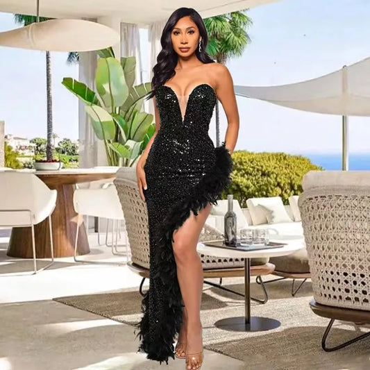 Women Evening Dresses Asymmetrical Shiny Sequins Feather Cocktail Party Dress Sexy Strapless Long Formal Prom Dresses Xiny189