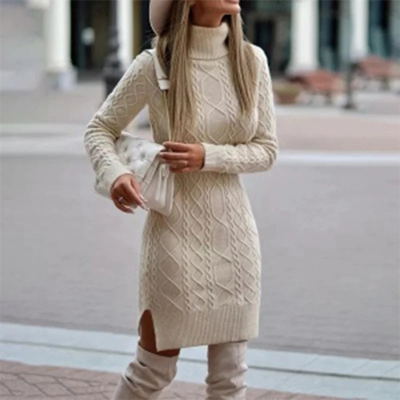 Warm Knitted Dresses Women High Neck Slim Solid Wool Mini Dresses Fashion Ladies Basic Long Sleeve Winter Autumn Warm Dresses