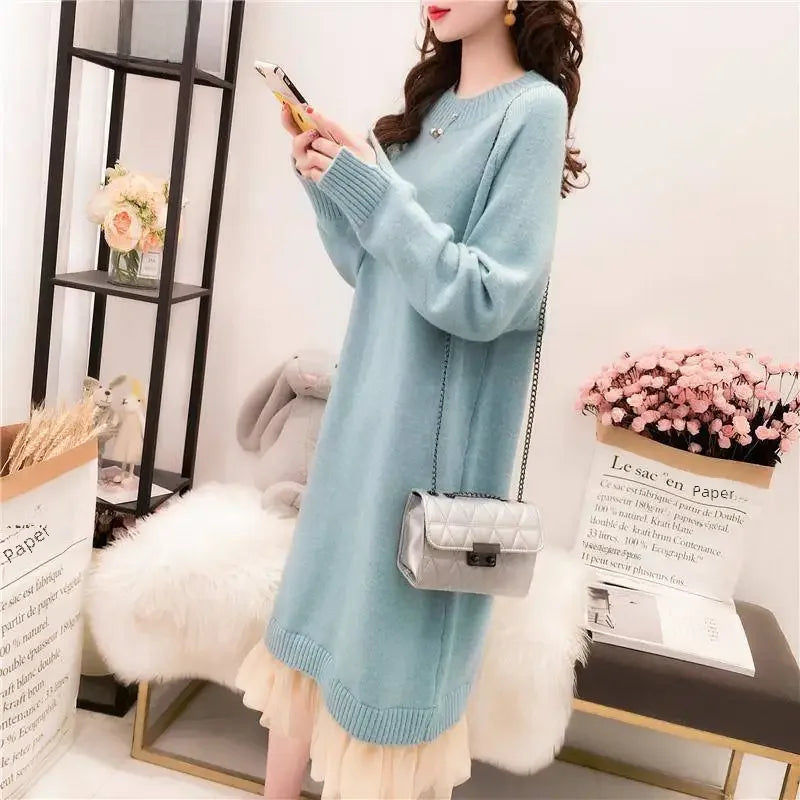 Women's Clothing Medium-length Sweater Dress Loose-fit Autumn/winter Knit Dress For Plus-size Women