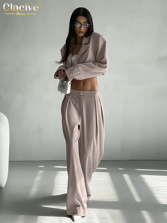 Clacive Fashion Loose Khaki Trousers Sets For Women 2 Pieces Elegant Long Sleeve Crop Top With Mid Waist Wide Pants Set Female