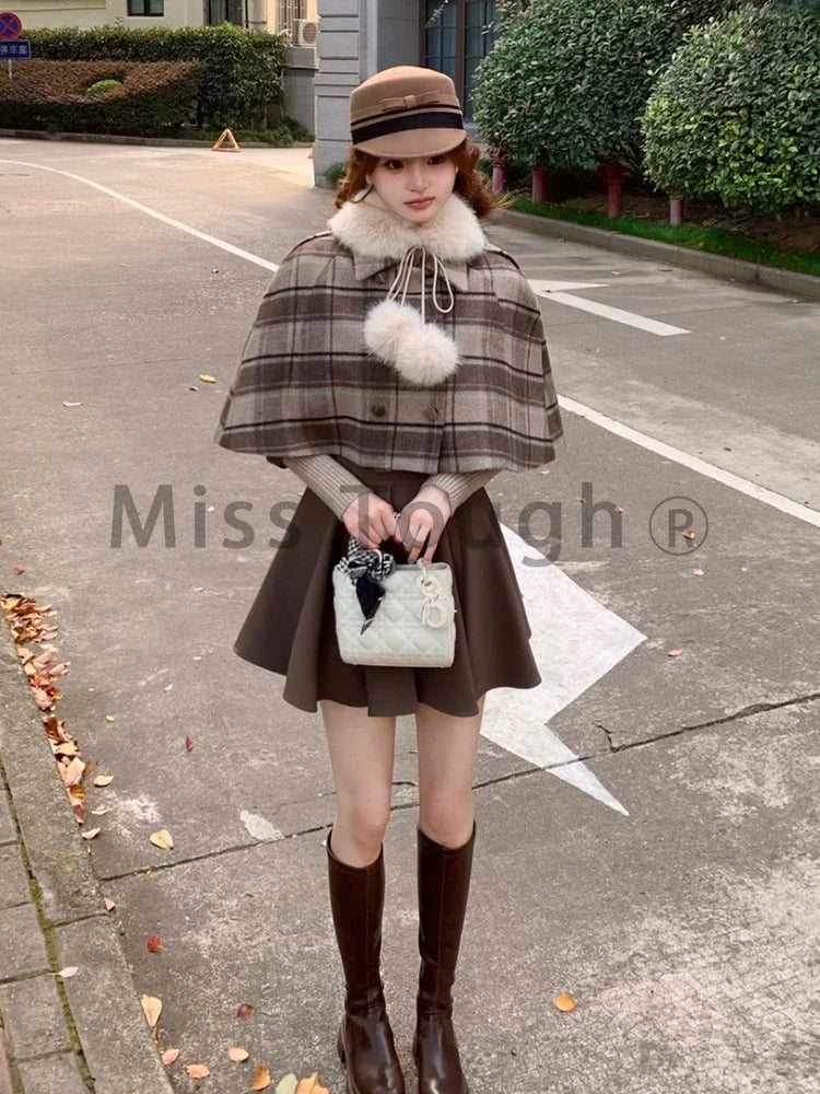 Preppy Style Kawaii 3 Piece Set Women Patchwork Sweet Korean Elegant Suit Knit Tops + Suspender Dress + Plaid Coat 2024 Winter