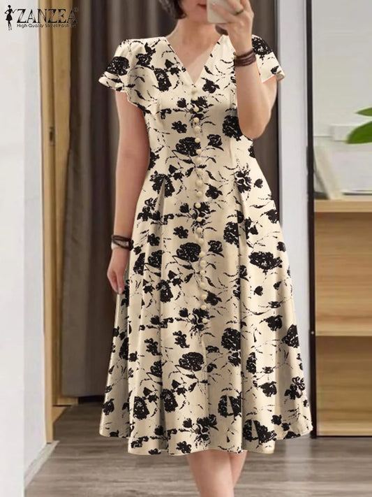 Women Elegant OL Work Floral Mid-calf Sundress ZANZEA Fashion Summer V Neck Short Sleeve Printed Dress Vintage Holiday Vestido