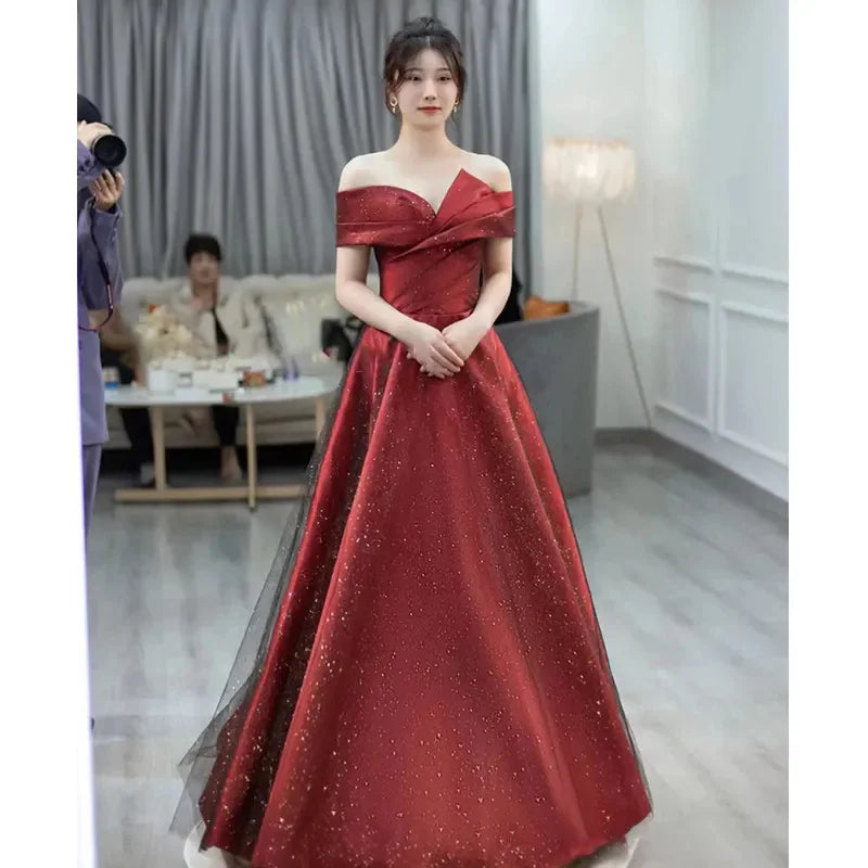 Women Summer Satin Toasting Gown Bride's High-end Feeling, Light Wedding Dress, Red One Shoulder Engagement, Thank-you Banquet