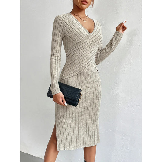 New 2023 Vintage Knitting Women's Dress Package Hip Elegant Lady Knitwear ElasticityWomen's Autumn Winter Keep Warm Long Dresses