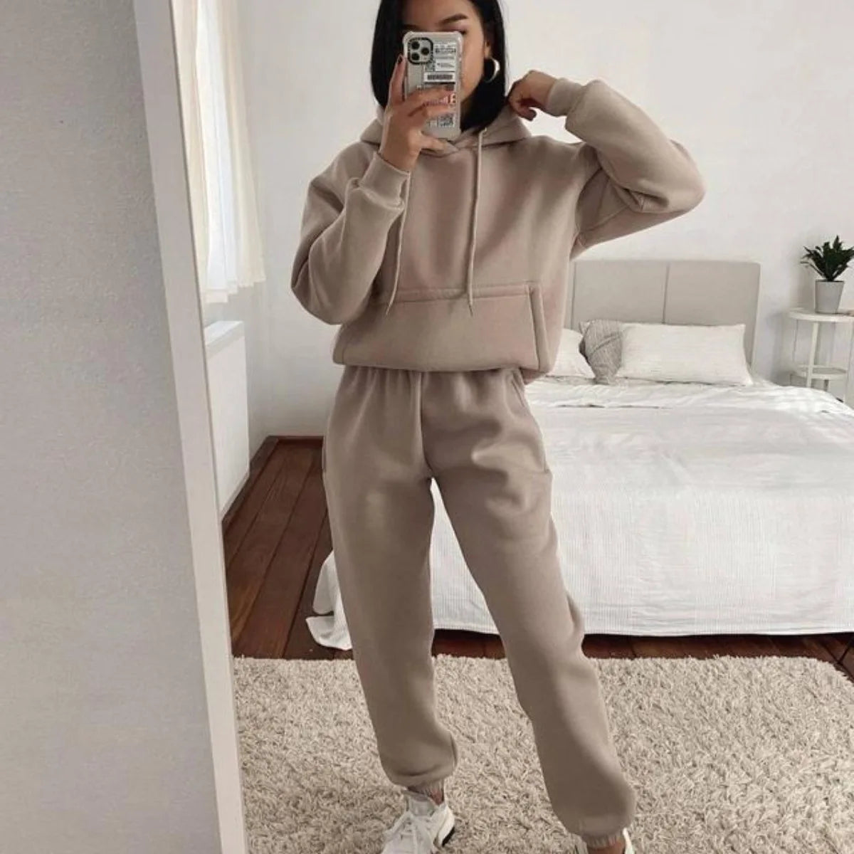 Sweatshirts Matching Sets Women Hooded Tracksuit Two Pieces Pant Sets Straight Pants Suit Sporty Elegant Lady Slight Strecth