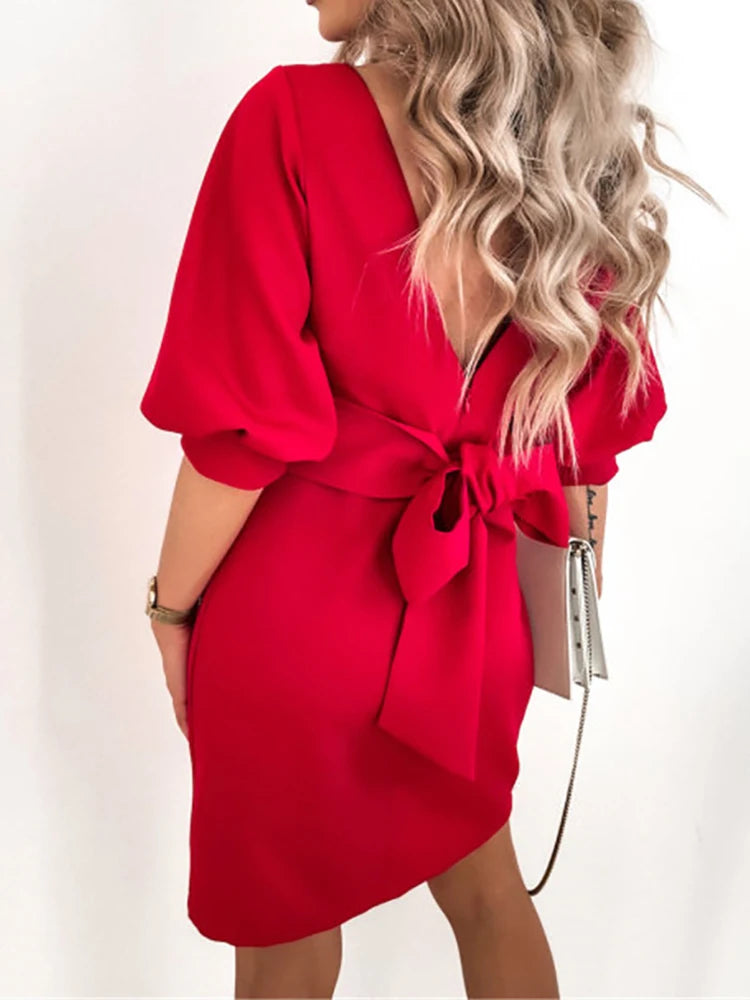 2025 Women Solid O-Neck Princess Party Dress Spring Autumn Sexy Three Quarter Sleeve Ladies Bow Backless Streetwear Dropshipping