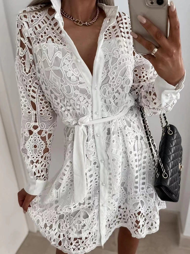 Spring Autumn Solid Vintage Women Hollow Out Mini Dress V-Neck Long Sleeve Casual Ladies Cardigan Dress Streetwear Dropshipping