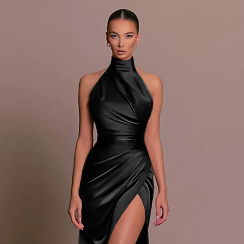 Ladies Satin New Evening Party Dresses Women Sleeveless Backless Halter Side Slit Sexy Elegant Maxi Dress Fashion Female Outfits