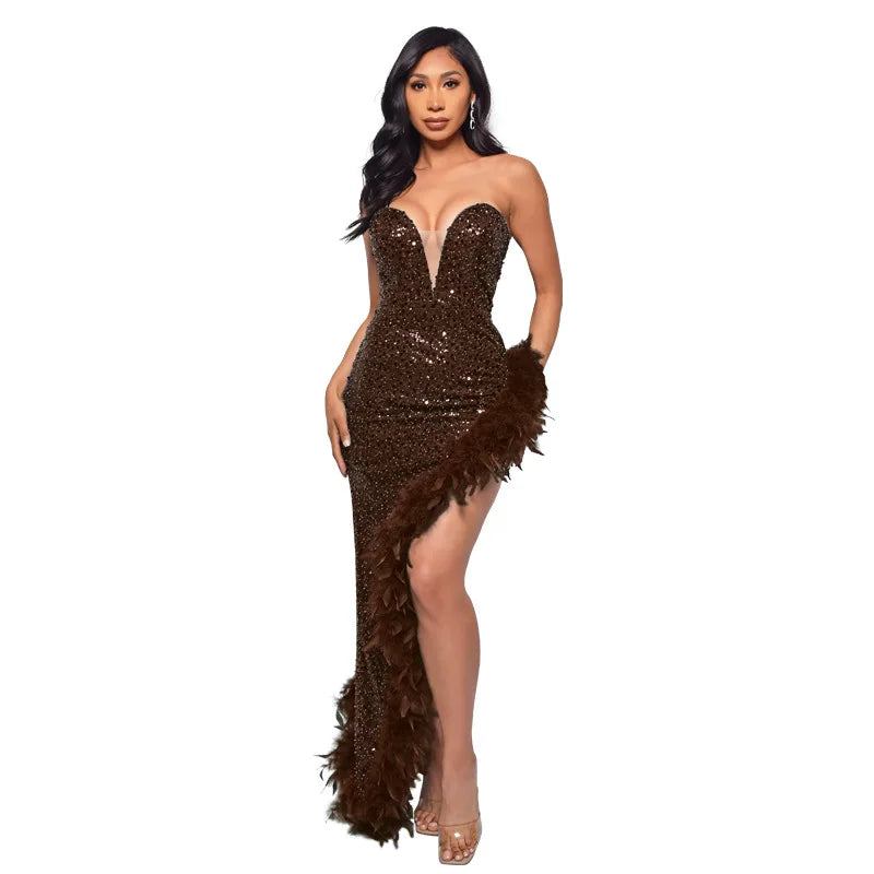 Women Evening Dresses Asymmetrical Shiny Sequins Feather Cocktail Party Dress Sexy Strapless Long Formal Prom Dresses Xiny189