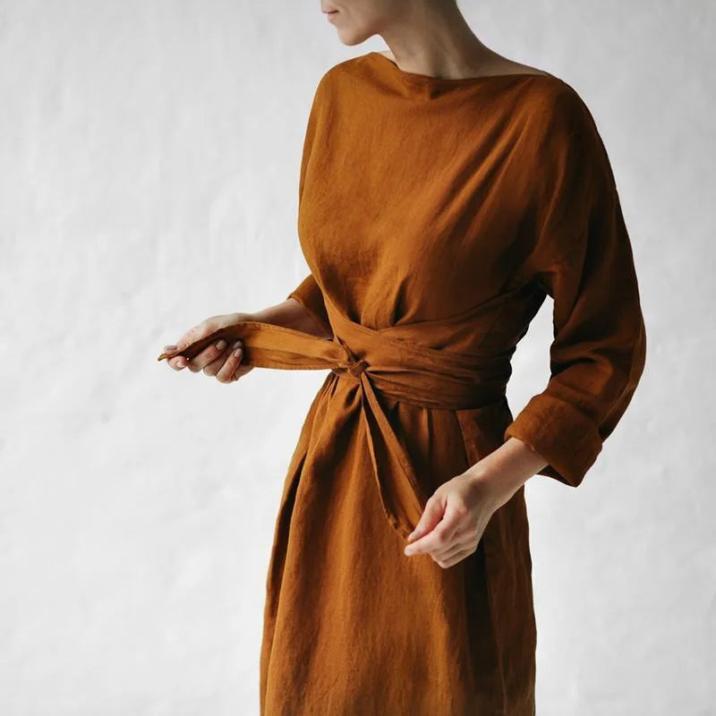 Women Elegance Audrey Hepburn Style Round Neck 3/4 Puff Sleeve Swing Maxi Dress Long Belt Dresses with Pockets