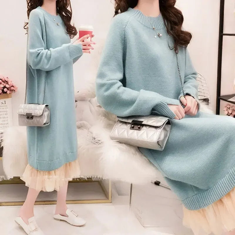 Women's Clothing Medium-length Sweater Dress Loose-fit Autumn/winter Knit Dress For Plus-size Women