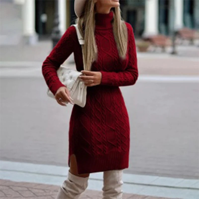 Warm Knitted Dresses Women High Neck Slim Solid Wool Mini Dresses Fashion Ladies Basic Long Sleeve Winter Autumn Warm Dresses