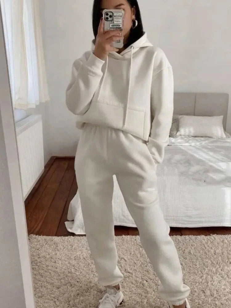 Sweatshirts Matching Sets Women Hooded Tracksuit Two Pieces Pant Sets Straight Pants Suit Sporty Elegant Lady Slight Strecth